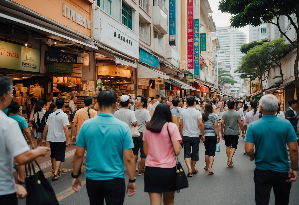 A bustling Singapore street with vibrant Imedeen promotions, featuring colorful displays and enthusiastic shoppers