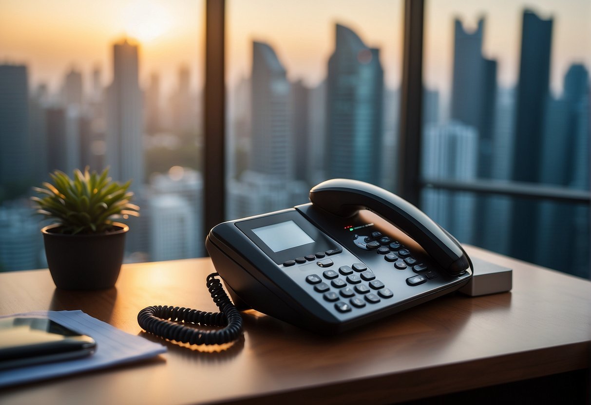 A sleek cordless phone sits on a modern desk, surrounded by promotional materials. The Singapore skyline is visible through the window in the background