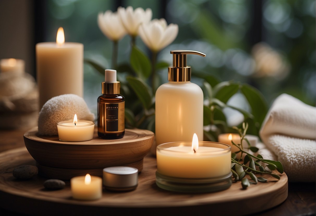 A serene, spa-like setting with a focus on skincare products. Soft lighting, botanical elements, and a luxurious ambiance convey a sense of rejuvenation and renewal