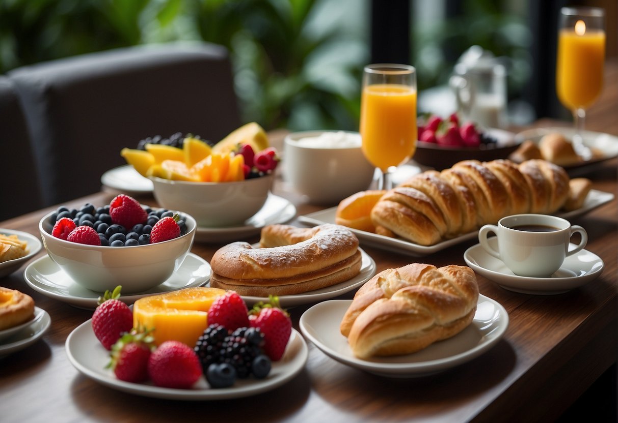 A lavish breakfast spread at Hyatt Singapore, with steaming coffee, fresh pastries, and colorful fruit platters on a beautifully set table