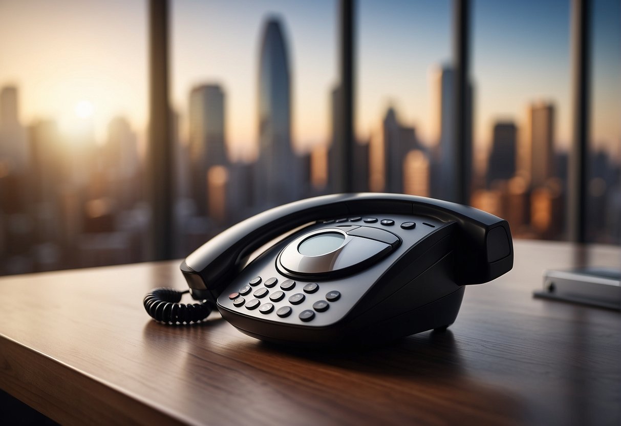 A cordless phone sits on a sleek, modern desk with a city skyline in the background. The phone is surrounded by various branded promotional materials