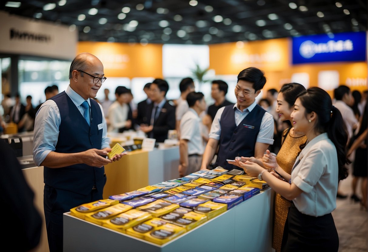 A bustling promotional event with people interacting with Imedeen products and staff in Singapore. Bright branding and informative displays draw in curious onlookers