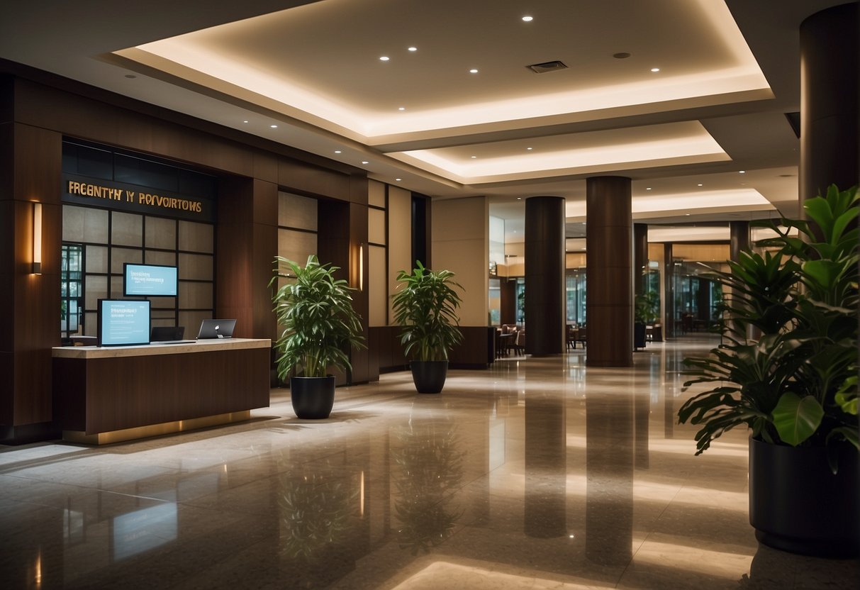 A bustling hotel lobby with a prominent "Frequently Asked Questions" sign and a display of Hyatt promotions in Singapore