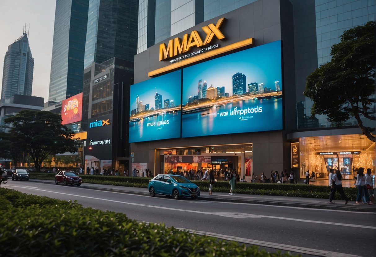 A bustling city street with bright, colorful signs advertising the latest promotions for Imax in Singapore