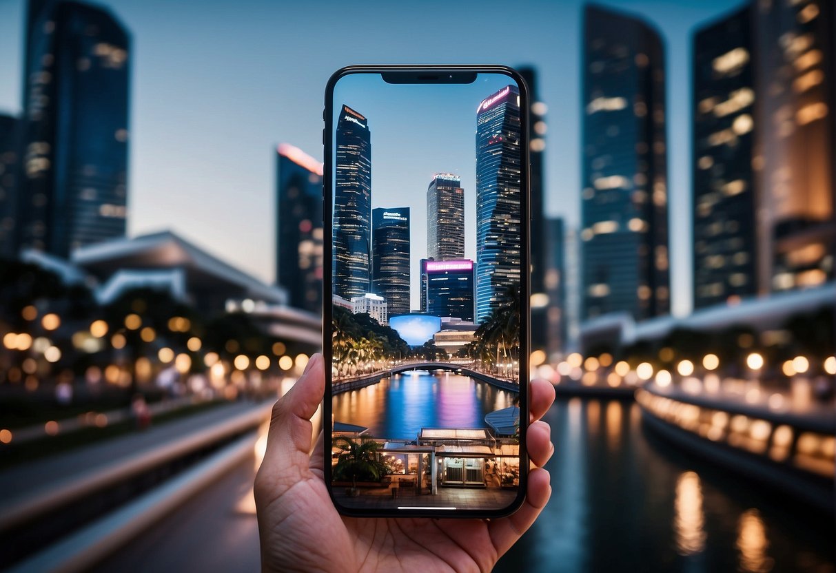 A vibrant cityscape with iconic Singapore landmarks in the background, featuring a sleek iPhone with promotional graphics displayed on its screen
