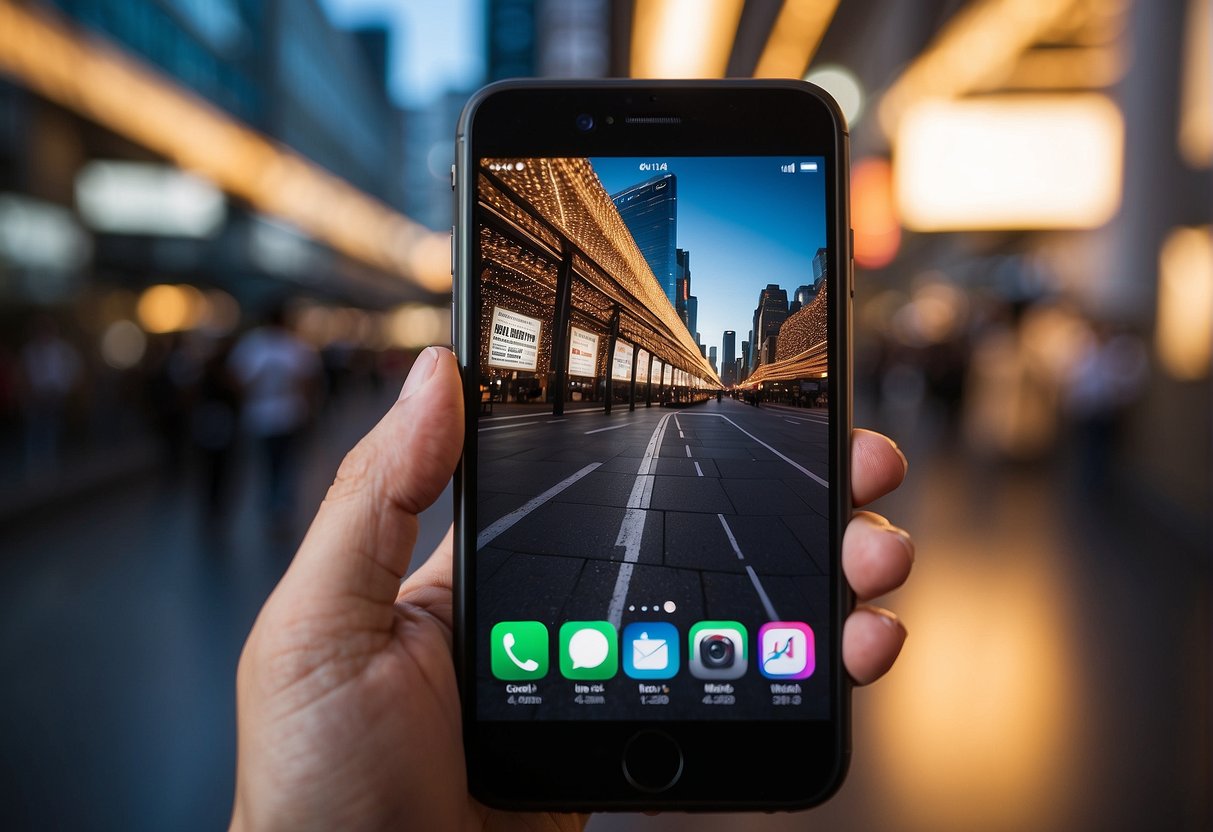 A sleek iPhone surrounded by promotional banners and discount tags