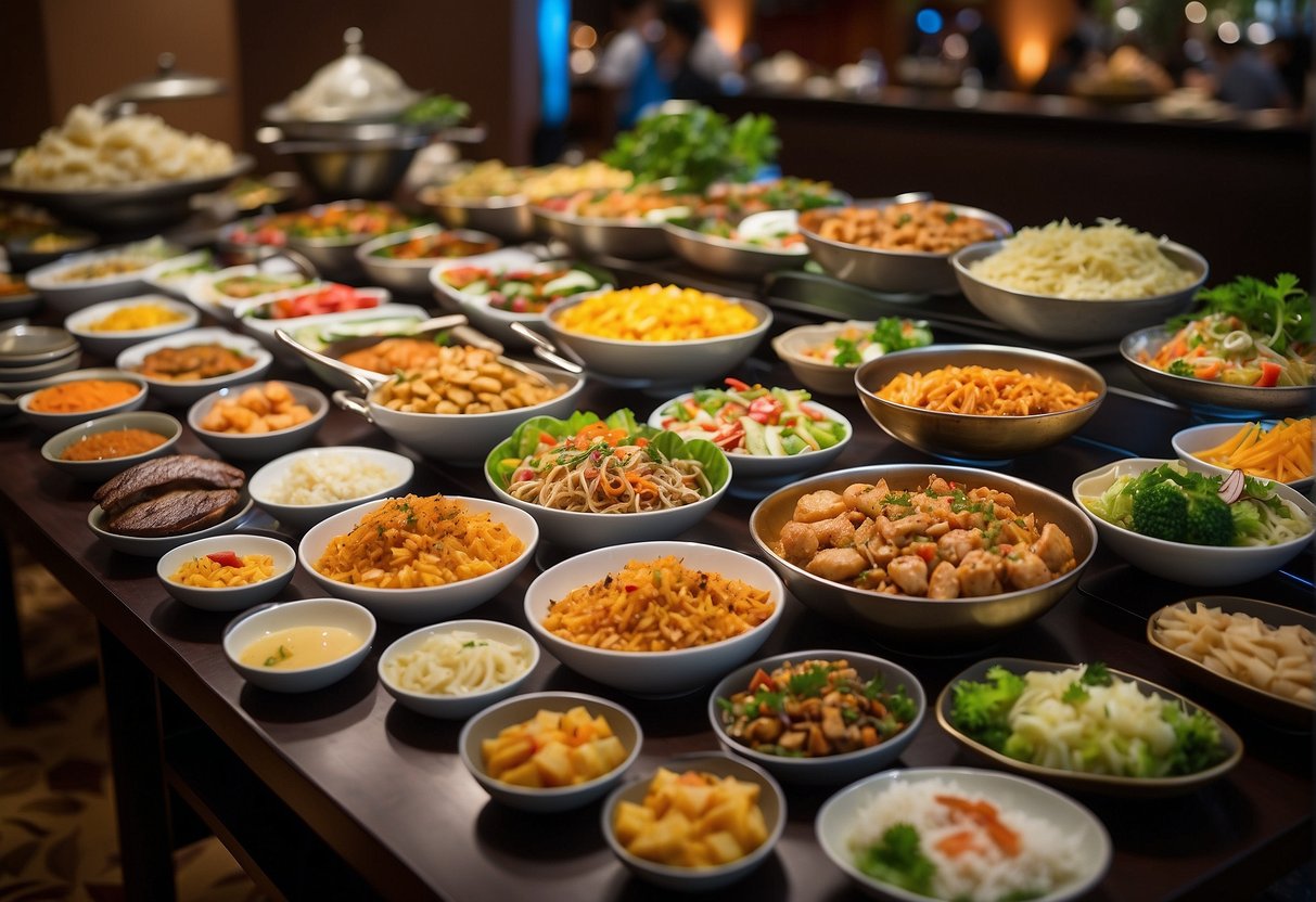 A bustling buffet spread at Crowne Plaza Singapore, featuring colorful displays of local and international cuisine with attractive promotions