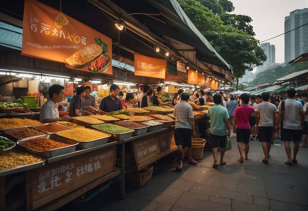 A bustling Singapore street market with colorful banners advertising "crave nasi lemak promotions." Customers line up at food stalls