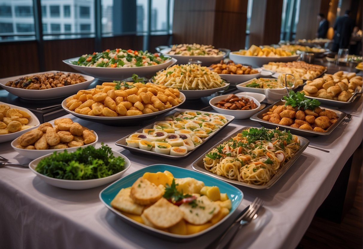 A vibrant buffet spread at Azur Crowne Plaza, with a variety of delectable dishes and eye-catching dining promotions on display