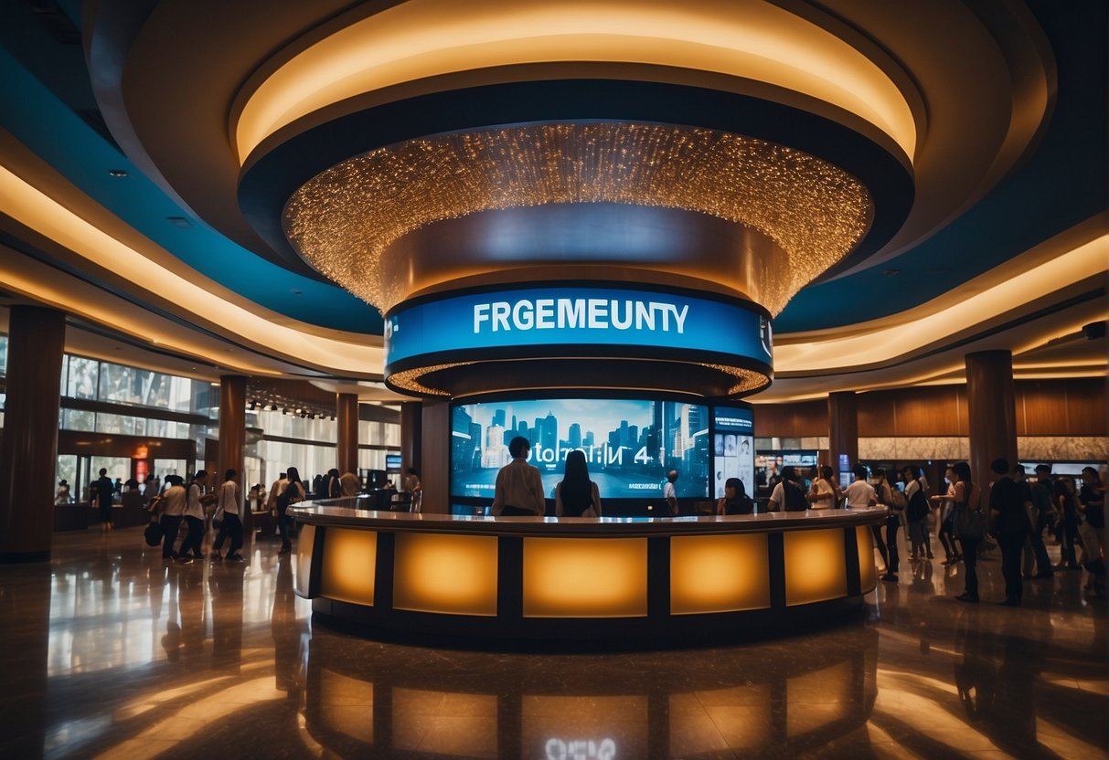 A bustling theater lobby with a prominent "Frequently Asked Questions" display for IMAX promotions in Singapore