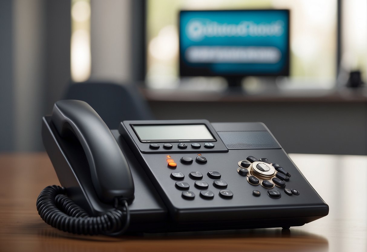 A cordless phone sitting on a sleek, modern desk with a promotional banner in the background