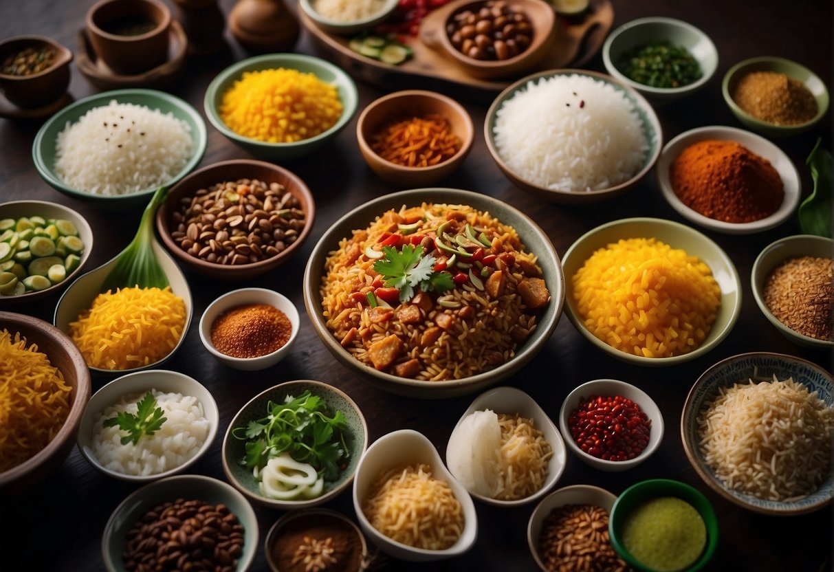A colorful display of nasi lemak dishes surrounded by vibrant spices and condiments, evoking the rich flavors of Singapore