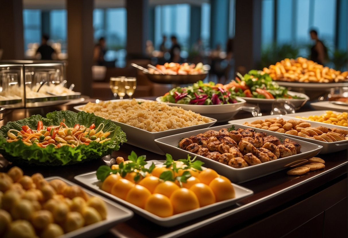 A vibrant buffet spread at Crowne Plaza® Changi Airport, showcasing a variety of culinary delights and promotions in Singapore