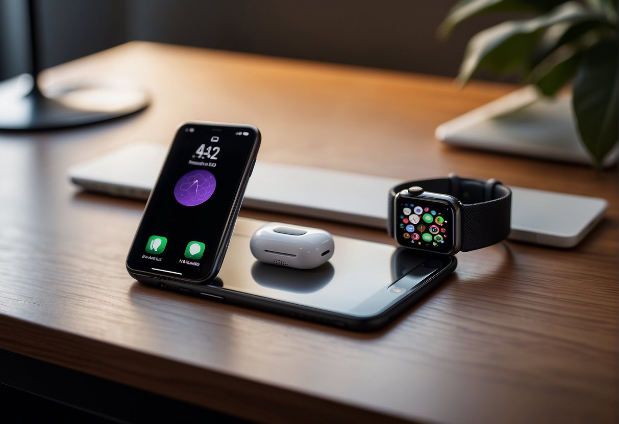 An iPhone, AirPods, and Apple Watch sit on a sleek, modern desk. The devices are arranged in a visually appealing way, with the iPhone prominently displayed. The background is clean and minimalistic, with soft lighting highlighting the products