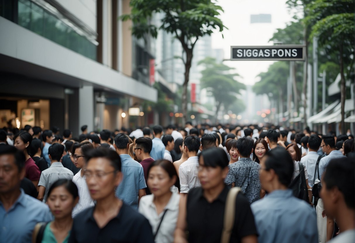A bustling street in Singapore with a vibrant black tap promotions sign shining above a busy crowd
