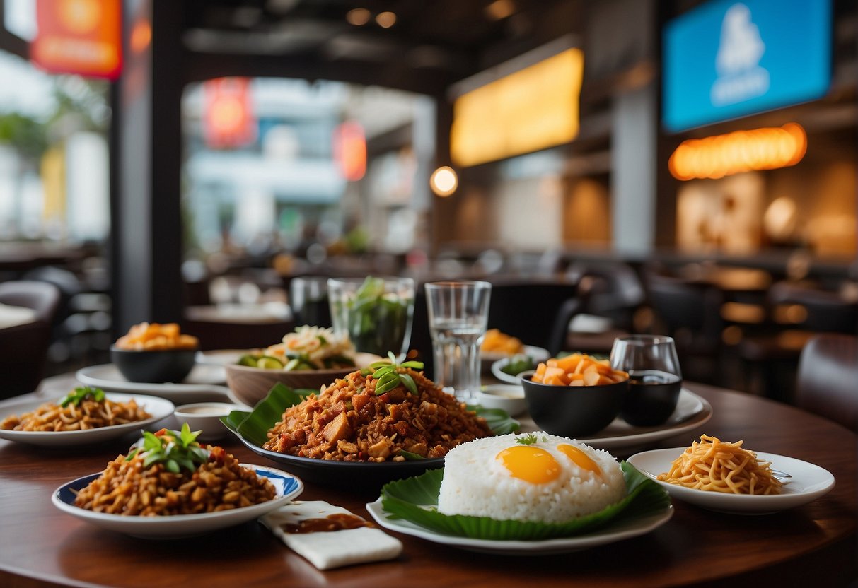A table set with nasi lemak dishes surrounded by promotional banners and logos of partnering restaurants