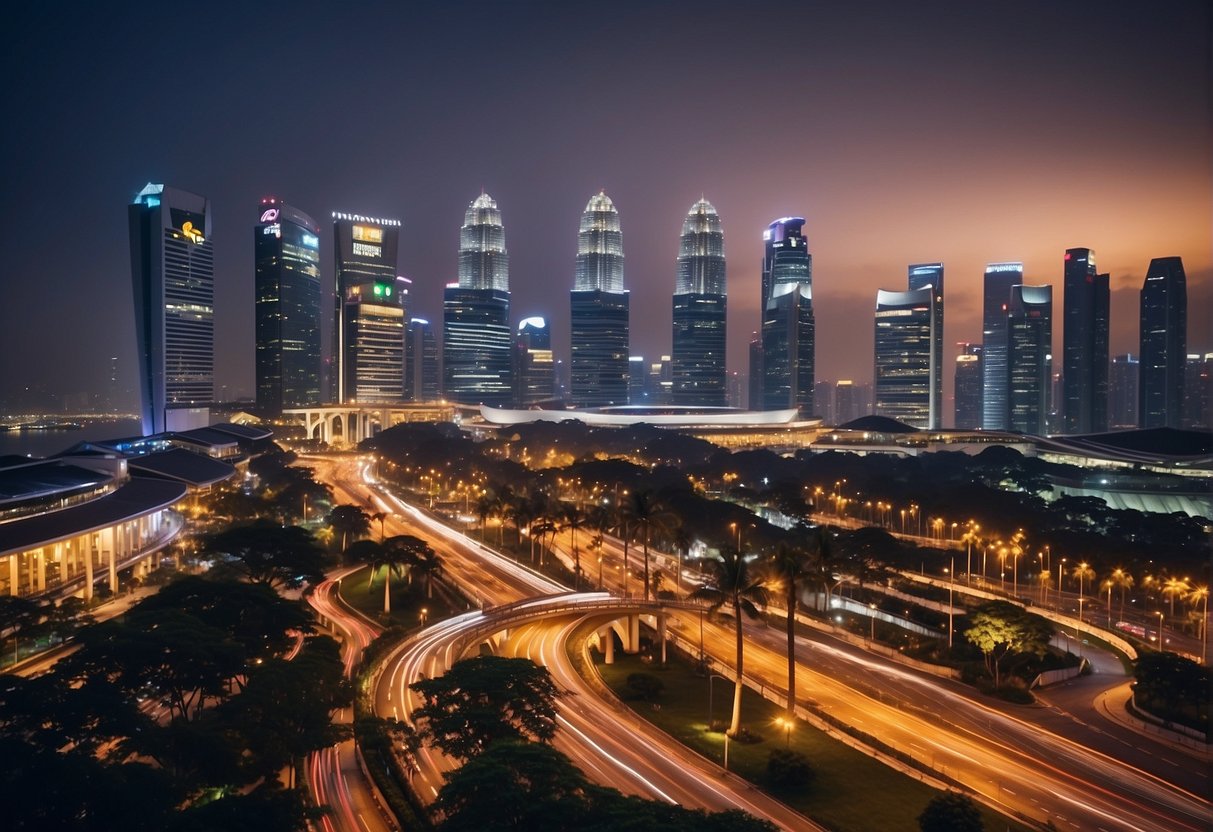 Vibrant cityscape with iconic landmarks, flashing lights, and bustling streets in Singapore promoting the Indian Premier League