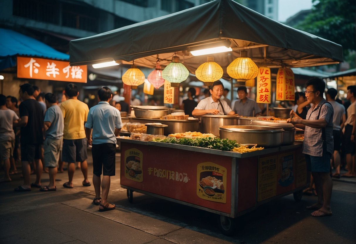 A bustling Singapore street food stall with a colorful sign advertising nasi lemak promotions, surrounded by eager customers