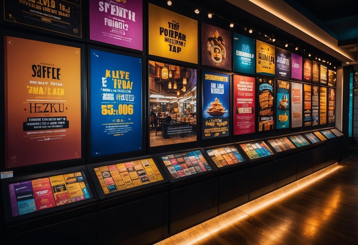 A vibrant display of colorful promotional posters and signs at Black Tap Singapore, showcasing enticing deals and offers