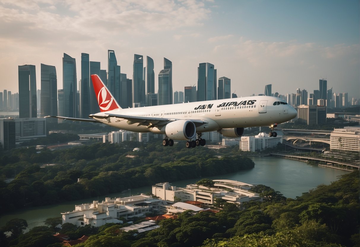 A Japan Airlines plane flying over the iconic skyline of Singapore, with the city's modern architecture and lush greenery in the background