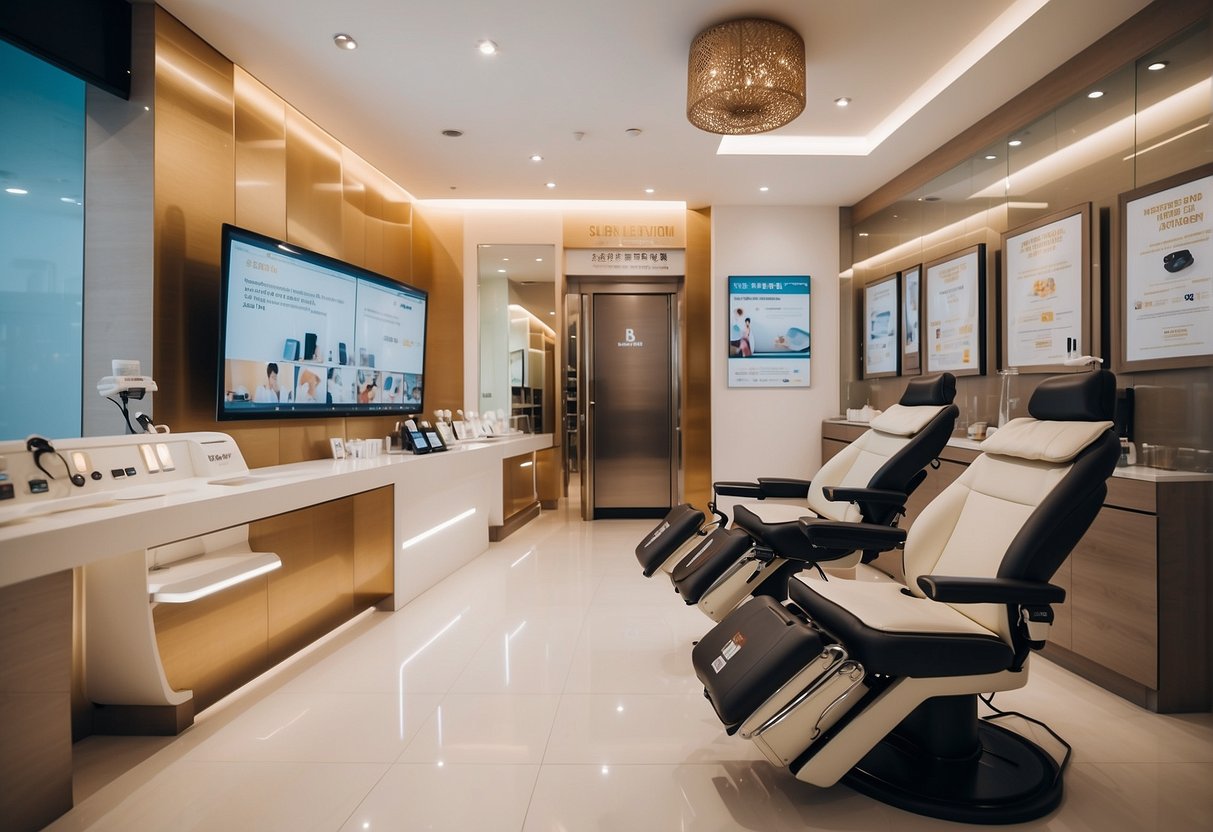 A bright, modern salon with IPL hair removal machines and promotional posters in Singapore