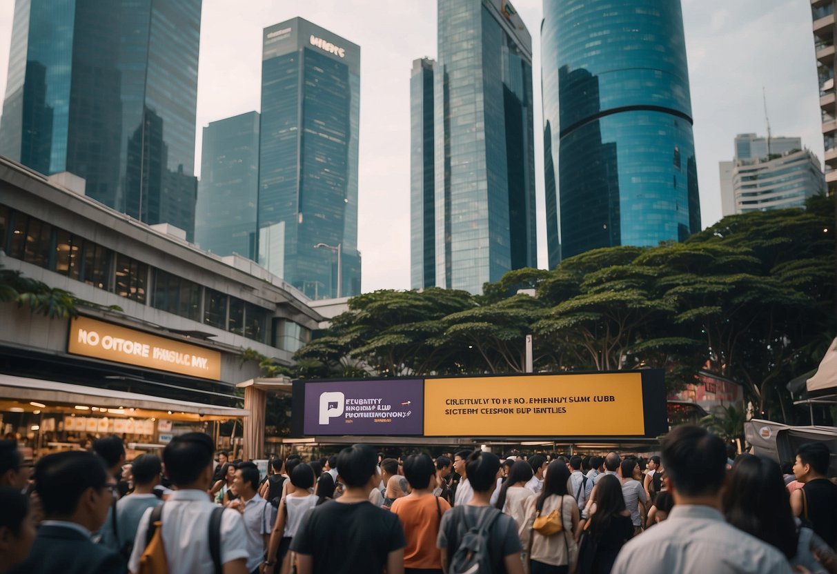 A vibrant cityscape with iconic Singapore landmarks and a bustling crowd, with prominent "Frequently Asked Questions" signage at a Black Tap promotions booth