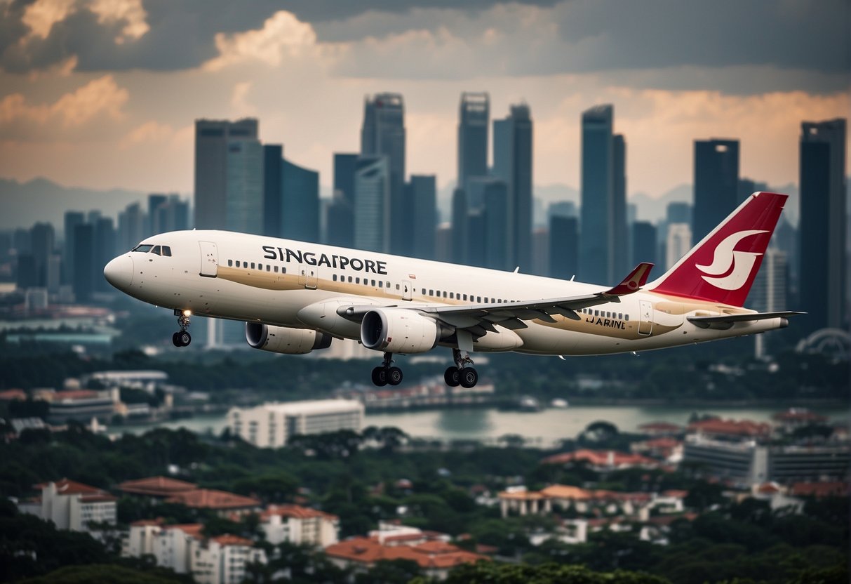 A plane flying over the iconic skyline of Singapore, with the Japan Airlines logo prominently displayed on the aircraft