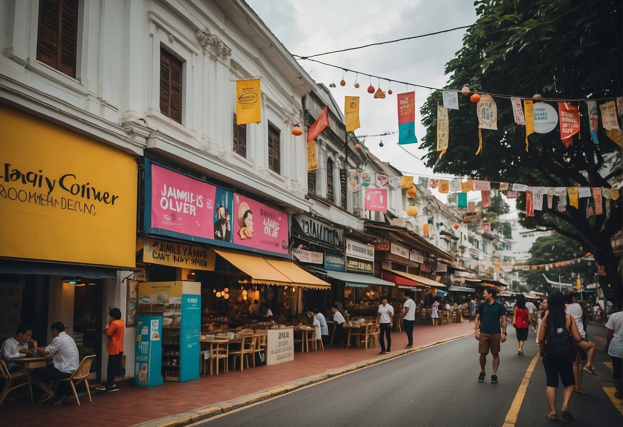 A bustling street in Singapore adorned with colorful banners and signs promoting Jamie Oliver's culinary events and promotions