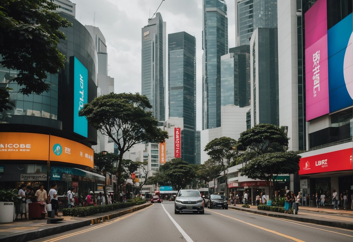 A bustling Singapore street with colorful dbrand promotions signage adorning storefronts and billboards