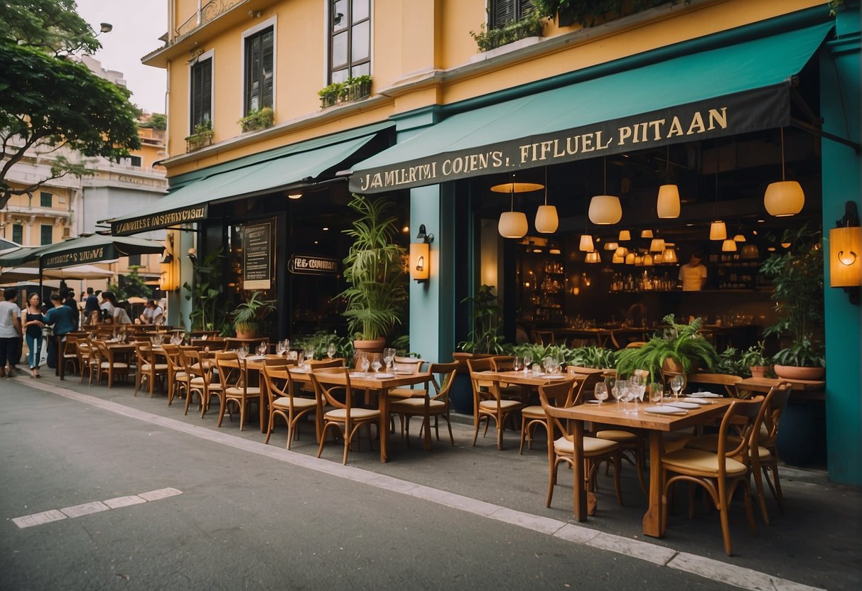 A bustling restaurant with vibrant decor and a prominent sign displaying "Exclusive Promotions at Jamie's Italian jamie oliver promotions singapore" in bold lettering. Tables are filled with happy diners enjoying their meals