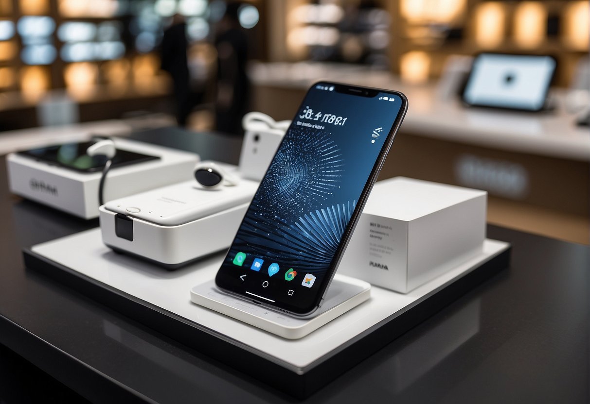 A sleek smartphone with dbrand skin displayed next to tech accessories and promotional materials in a modern Singaporean store