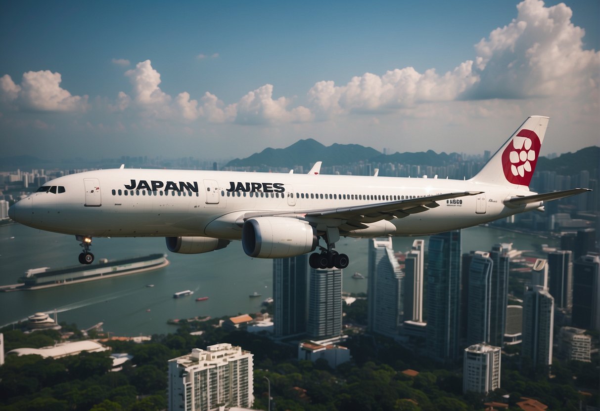 A Japan Airlines plane flying over the iconic skyline of Singapore, with the city's famous landmarks in the background. The plane's logo and promotional text are prominently displayed on the aircraft