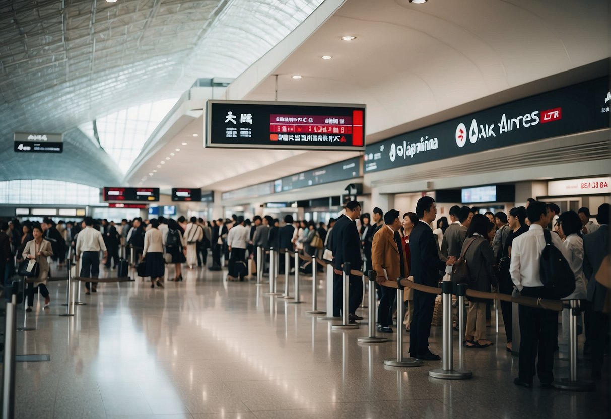 A crowded airport terminal with people lining up at the Japan Airlines counter, promotional banners displayed, and a sense of excitement in the air