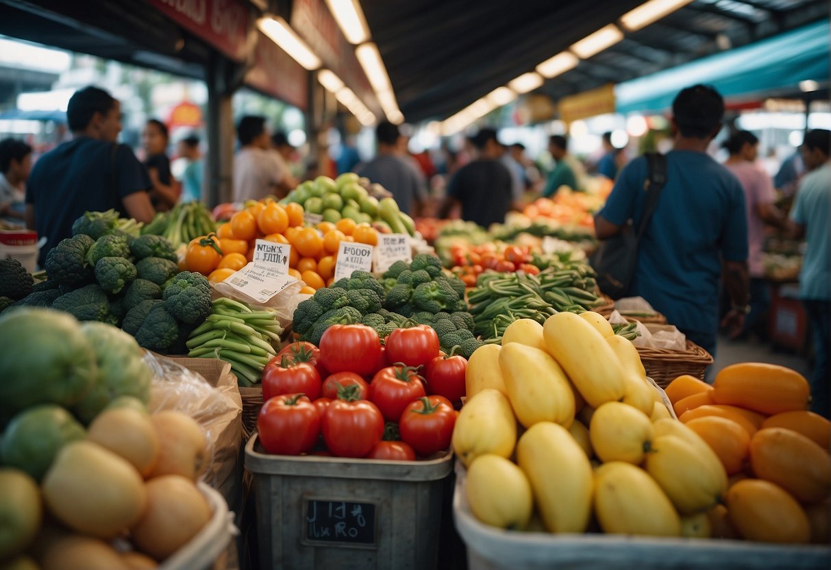 A bustling market with colorful stalls selling fresh produce and artisanal goods, surrounded by the tantalizing aromas of sizzling street food and the buzz of excited shoppers
