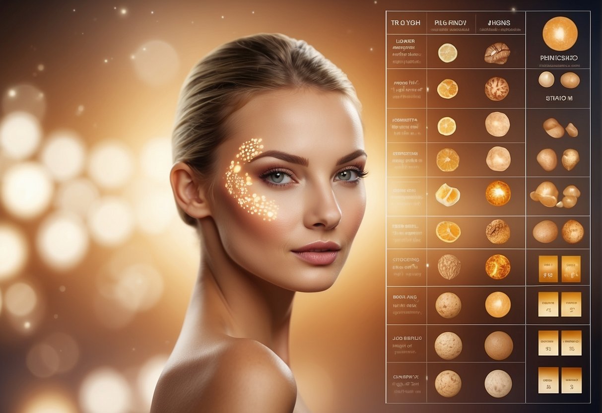 A glowing skin tone chart with IPL technology symbols and various skin types, showcasing its benefits