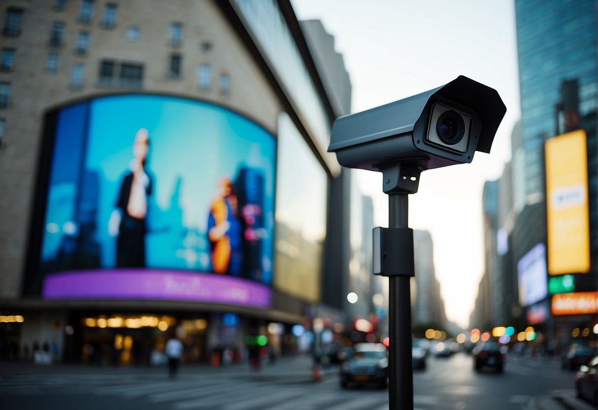 A bustling city street with colorful billboards and a prominent CCTV camera mounted on a building facade