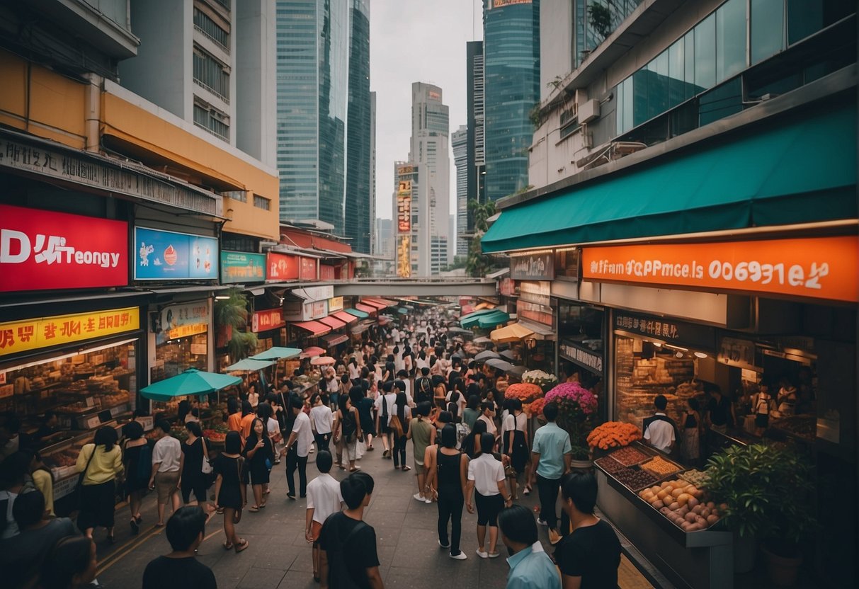 A vibrant cityscape with colorful storefronts and bustling crowds in Singapore. The focus is on a prominent F&B and Lifestyle Deals dbrand promotions sign