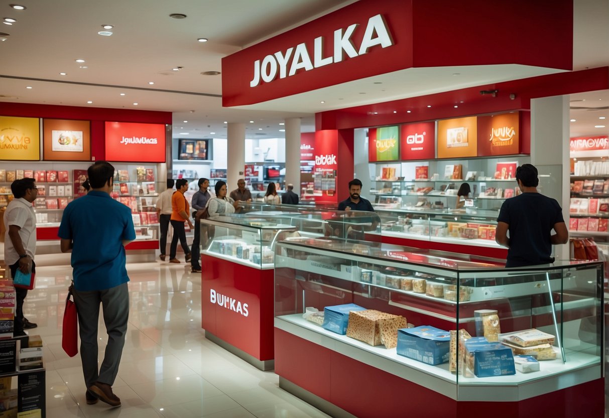 A bustling Joyalukkas store with vibrant promotional displays and excited customers browsing the latest offers