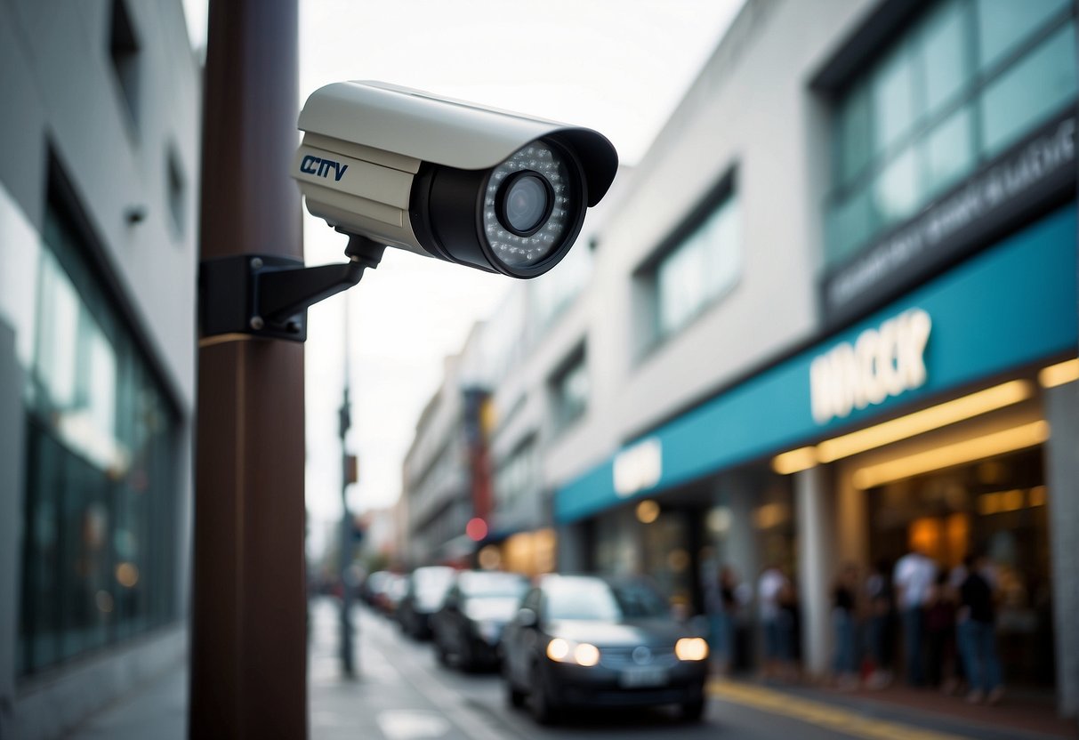 A CCTV camera mounted on a building corner, overlooking a busy street with people and vehicles. A security sign with promotional text displayed prominently