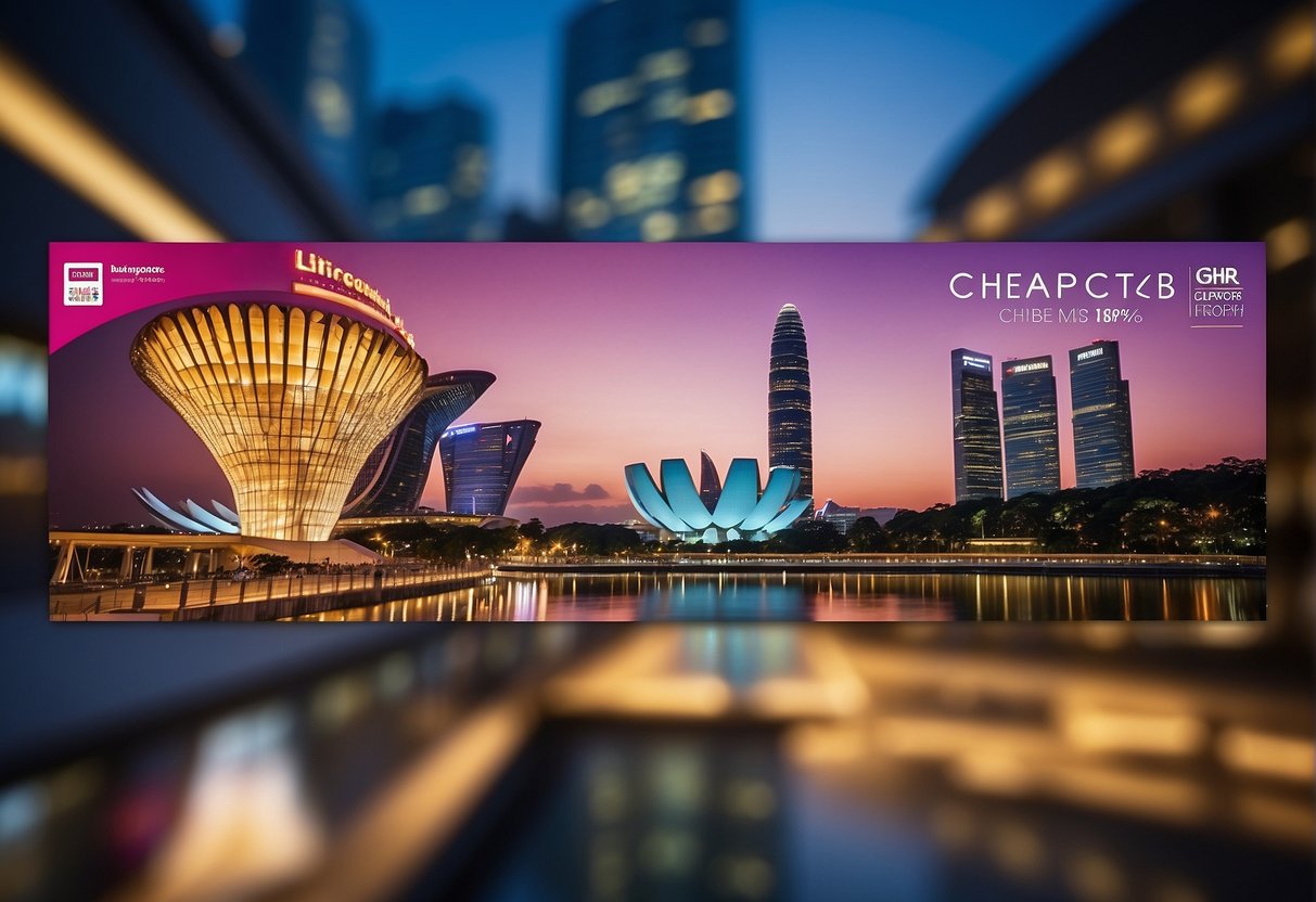 A colorful banner promoting Cheaptickets in Singapore, featuring iconic landmarks and travel imagery