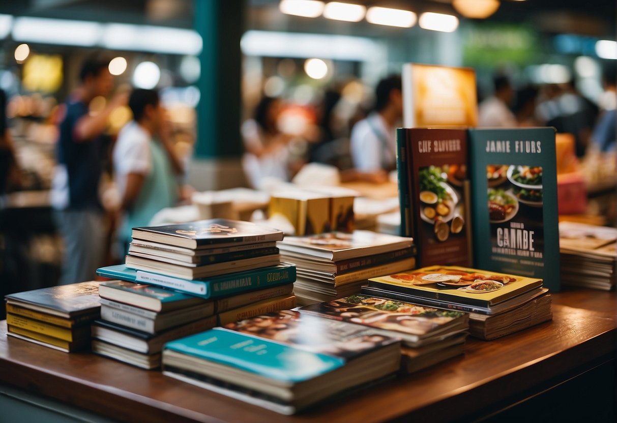 A table with Jamie Oliver cookbooks and promotional materials in a bustling Singaporean market