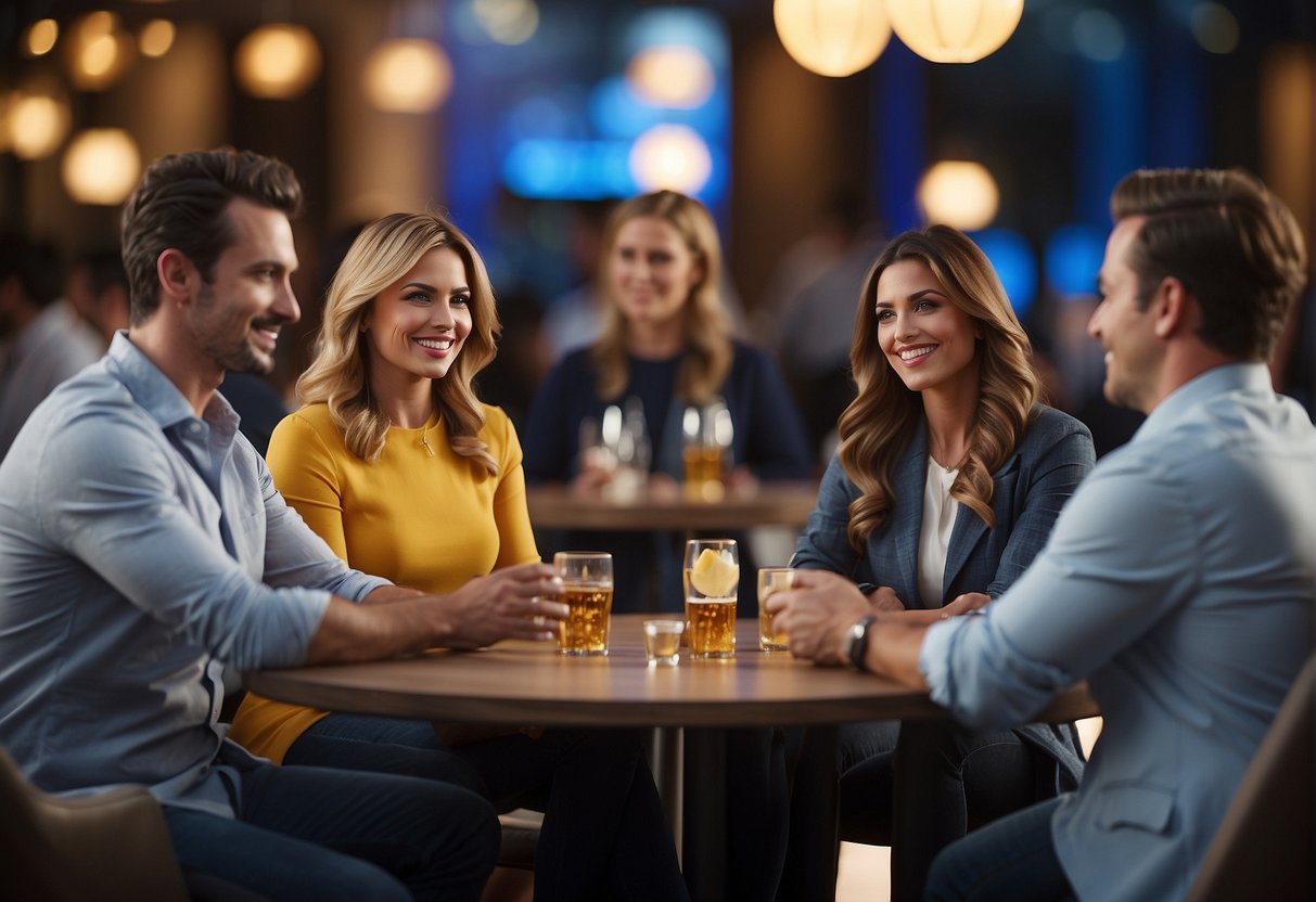 A group of people engaging in discussions and exchanging information about IPL promotions in a lively and dynamic setting