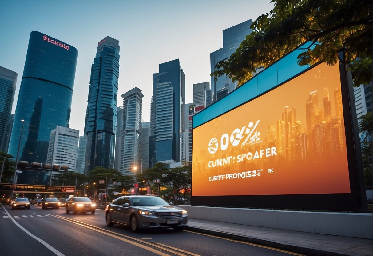 A vibrant city skyline with "Current Promotions" displayed on a large billboard, surrounded by bustling streets and colorful signage in Singapore