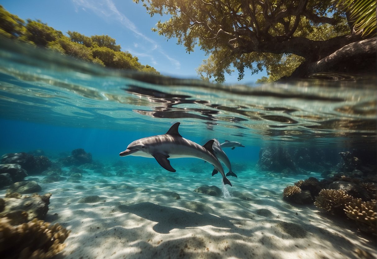 A group of dolphins swim playfully around a lush tropical island, surrounded by crystal clear waters and vibrant coral reefs
