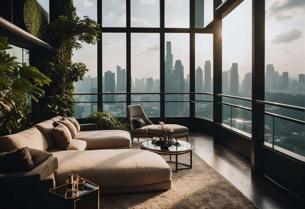 A luxurious boutique hotel in Singapore offers promotions with elegant decor, lush greenery, and a stunning city skyline backdrop