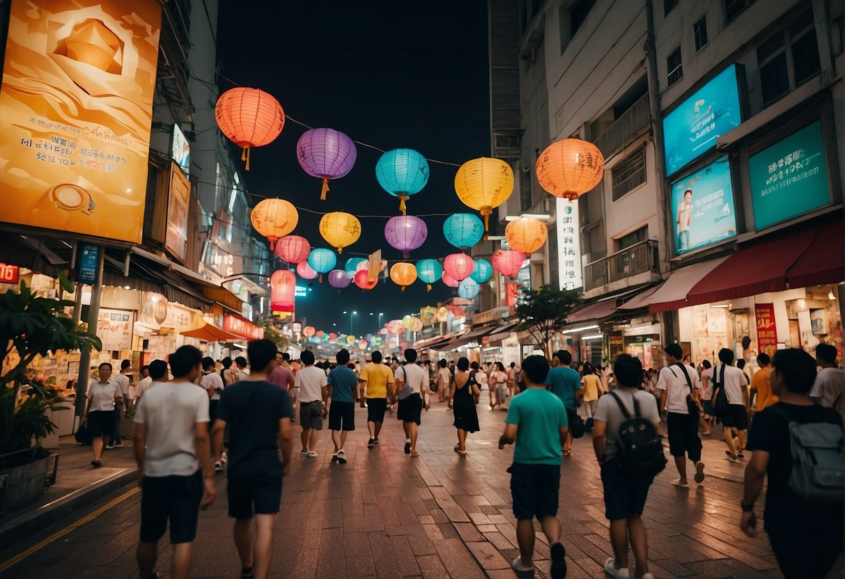 The bustling streets of Singapore, adorned with colorful banners and signs, showcasing the latest promotions and discounts for travel destinations
