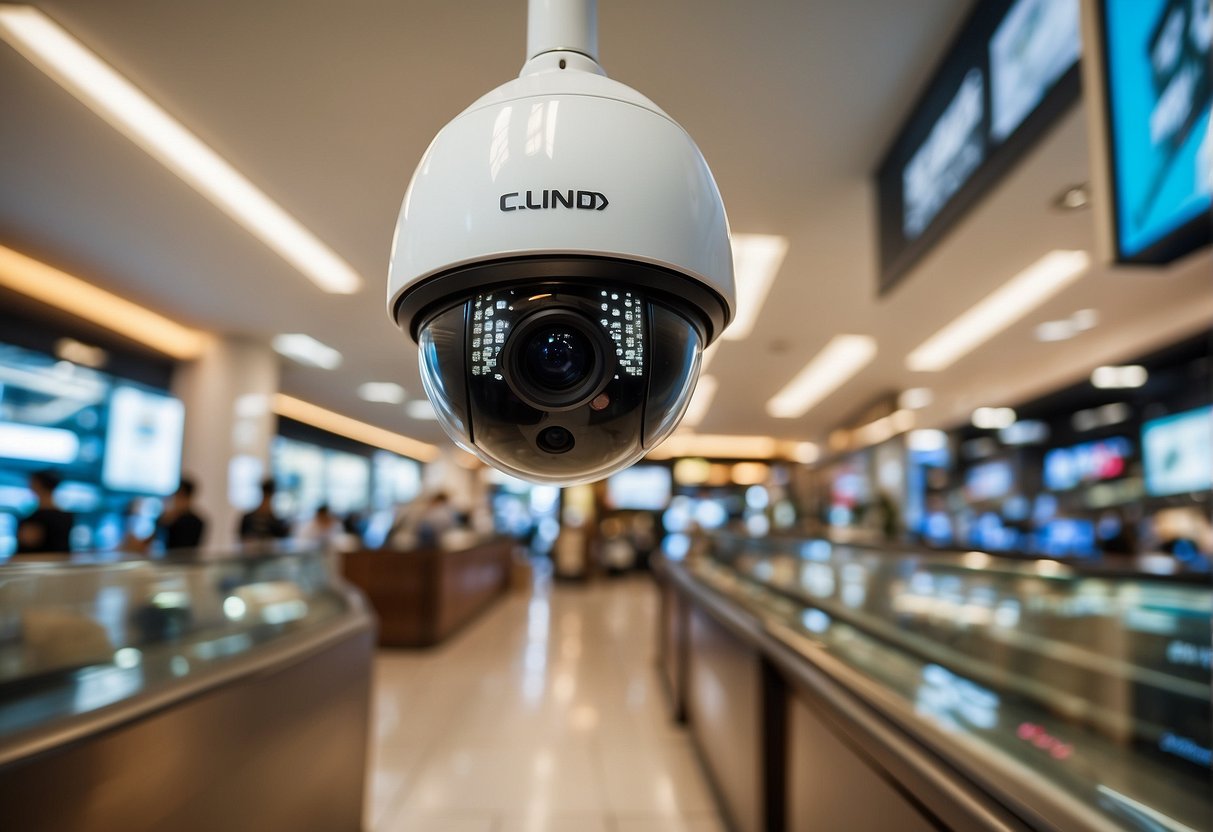 A high-tech CCTV camera system displayed with promotional banners and signs in a modern Singaporean storefront