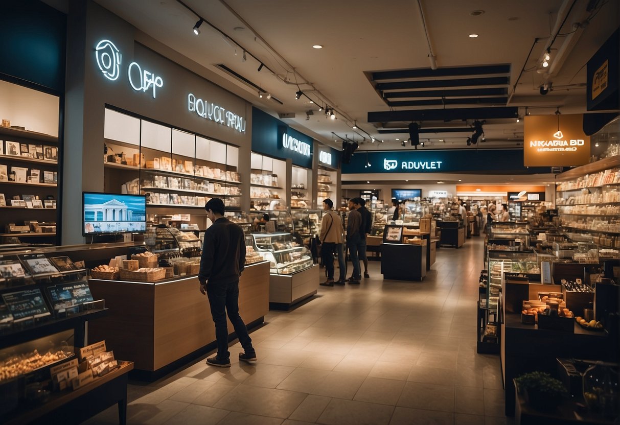 A bustling store with bright promotional displays and customers browsing