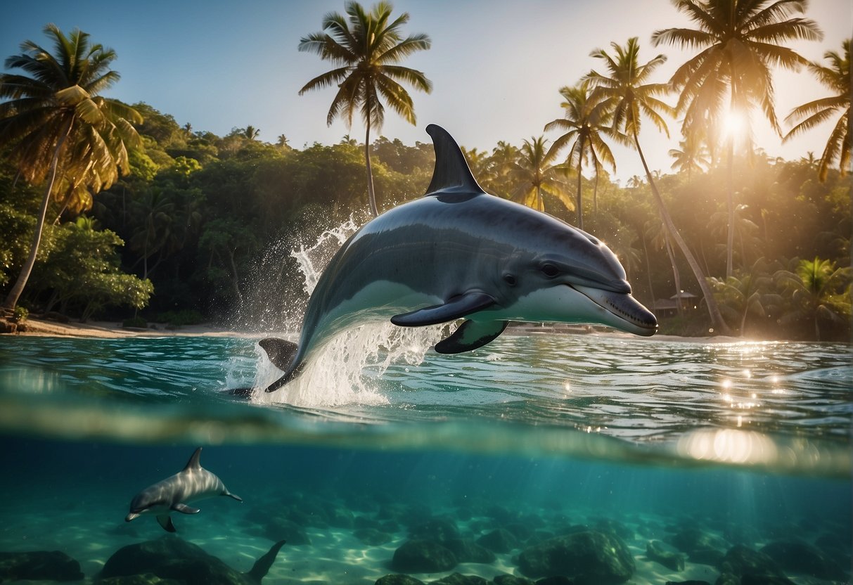 A pod of dolphins leaps and plays in the crystal-clear waters surrounding Dolphin Island, with lush greenery and palm trees in the background