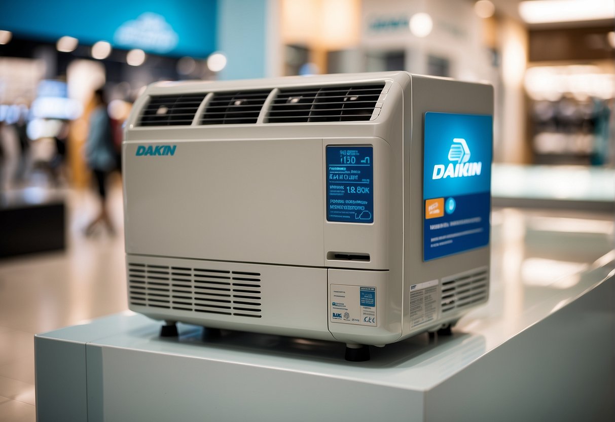 A Daikin air conditioner displayed with promotional signage in a Singaporean retail store